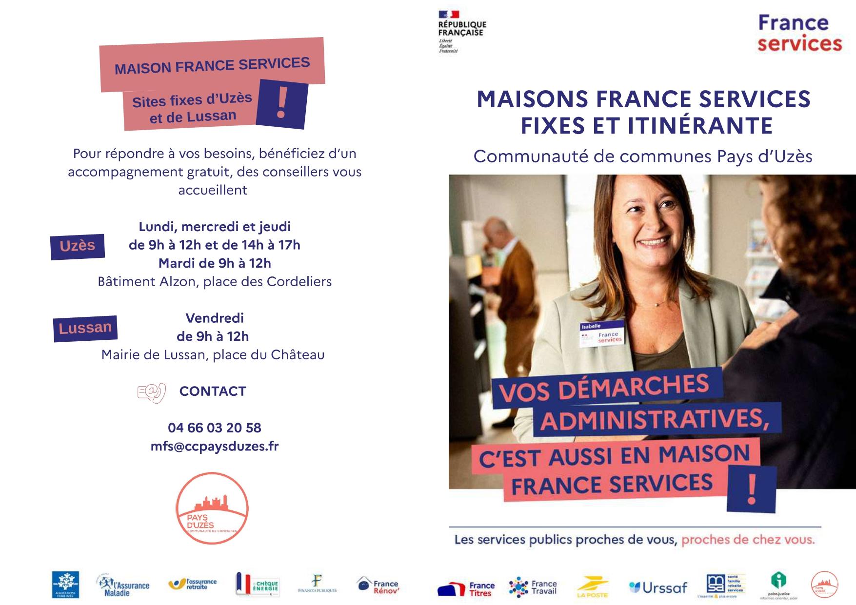 Affiche des Maisons France Services fixes et itinérante de la Communauté de communes Pays d'Uzès, avec horaires à Uzès et Lussan et coordonnées de contact.