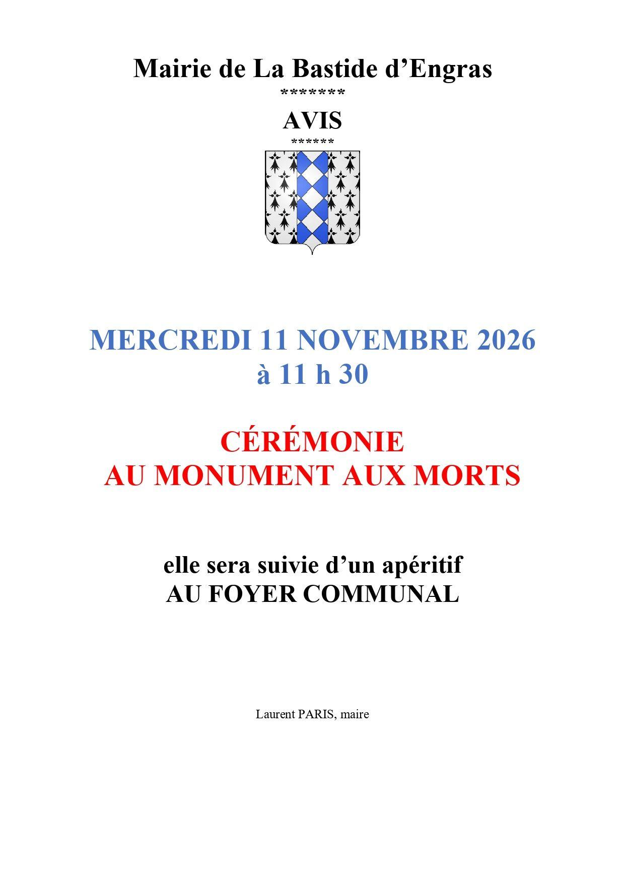 Cérémonie du 11 novembre 2026